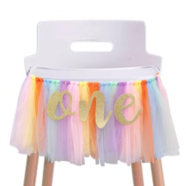 CANTLY Rainbow High Chair Banner for 1st Birthday - Unicorn Theme Party Decoration with Tulle Tutu, Adjustable 'One' Pennant, 80in Ribbon - Baby Shower, Birthday, Thanksgiving