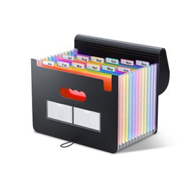 ThinkTex Folder A4 / Document Folder, 12 Compartments, Sorting Folder, Expanding Folder, File Organiser with Elastic Band and Closure Button, A4 Document Pocket, File Folder with Colourful Labels