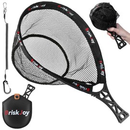 Briskjoy Fly Fishing Landing Net - Foldable Trout Net for Freshwater Trout Fishing, Rubber Fishing Net with Handle for Catch & Release, Ideal for Kayak & Wading Fishing, Includes Storage Bag & Lanyard