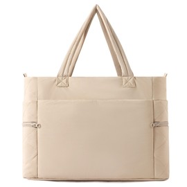 WOVTATOO Puffer Tote Bag for Women, Lightweight Tote Bag with Compartments Puffy Shoulder Bag for Travel Work Laptop, Beige