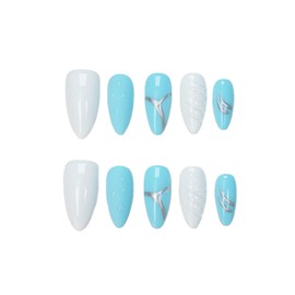 Handmade Mermaid Press On Nails Medium Almond-Gel Acrylic 10pcs-Blue White Solid Block with Hand Drawn Silver Lines 3D Shell Raindrop (Mermaid Tears, Size M)