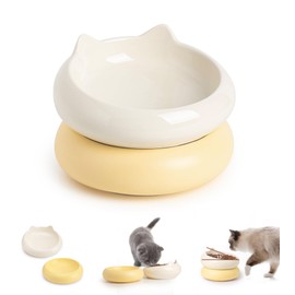 Ceramic Raised Cat Bowl, 2 in 1 Elevated Cat Food and Water Bowl Set for Indoor Cats, Whisker Friendly Cute Kitten Food Bowl for Protecting Pet's Spine, 2 Pack (Beige+Yellow)