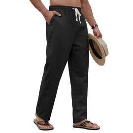 PLEPAN Mens Black Linen Pants Casual Elastic Waist Drawstring Beach Summer Lightweight Cotton Linen Yoga Trousers, US (40) XXL