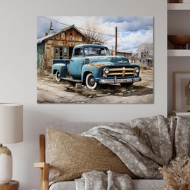 DesignQ Pickup Truck Metal wall art, Roadside Nostalgia Blue Pickup Truck, pickup truck Metal wall art decor, Blue Modern Metal wall art, 40x30 inches