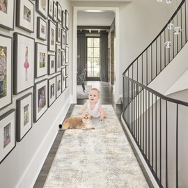 Capslpad 2x12 Beige Abstract Hallway Runner, Ultra Soft Fabric Washable Runner Rug, Non-Slip Rubber Backing, Stain Resistant Low Pile Runners for Hallways, Kitchen, Entryway, Bedroom, Laundry