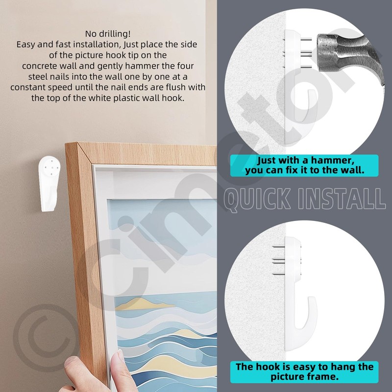 Cimeton Invisible Nail Plastic Photo Frames Hooks for Hanging Artworks
