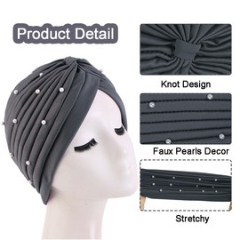2PCS Faux Pearls Turbans for Women Knot Turban Head Wrap Headwear Pleated Beanie Cap Hair Loss Hat (Grey+Pink)