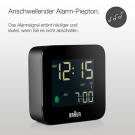 Braun BC08B-DCF Digital Travel Alarm Clock Central European Time Zone (CET) with Snooze Function, Compact Size, Negative LC Display, Quick Setting Function, Crescendo Alarm in Black