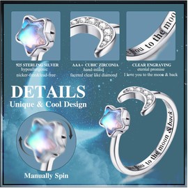 MILACOLATO 925 Sterling Silver Fidget Rings For Women Girl Open Adjustable Moonstone Anxiety Rings CZ Moon Star Spinner Ring Lettering Knuckle Promise Wedding Engagement Rings with Gift Boxed