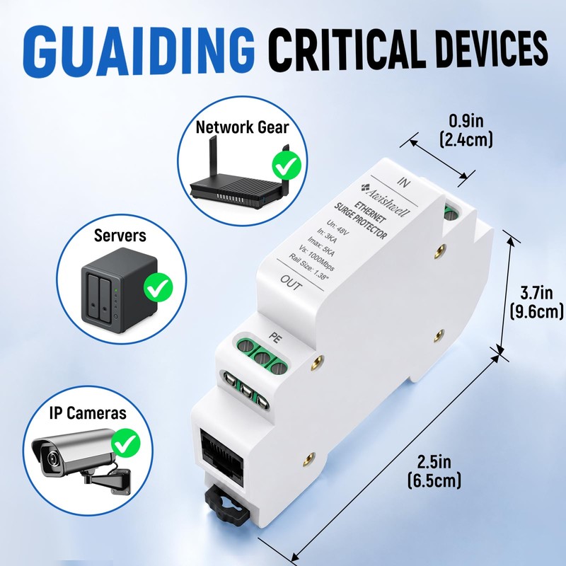 Ethernet Surge Protector PoE, DIN-Rail Gigabit Network Lightning Arrester