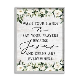 Stupell Industries Wash Hands Say Prayers Jesus Germs Everywhere Phrase Grey Framed Wall Art, 24 x 30, Off- White