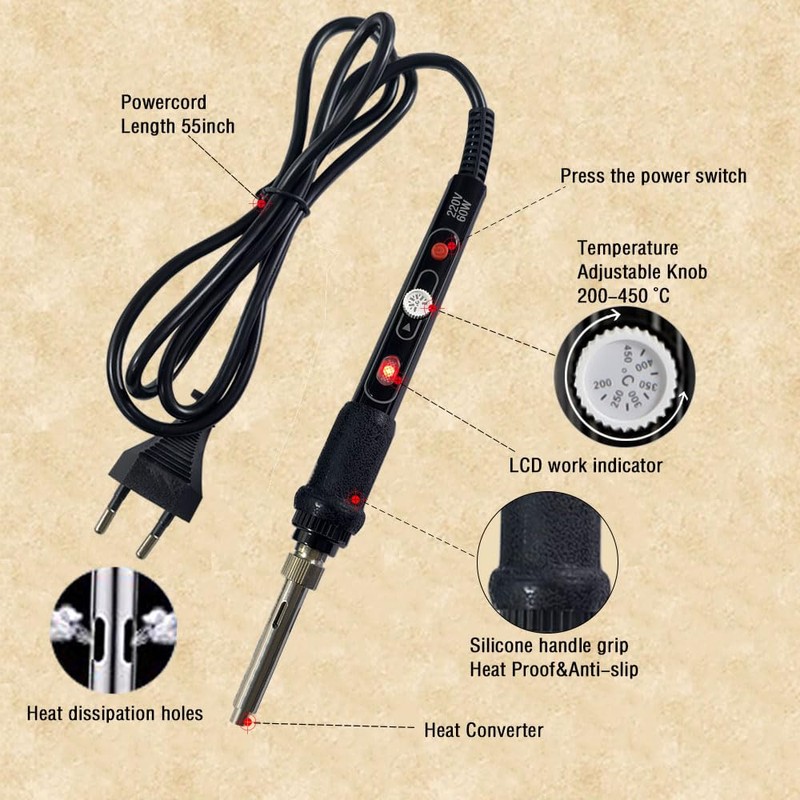Pyrography Soldering Iron Set, 60 W Adjustable Temperature 200-450 °C,