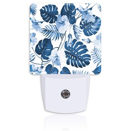 Blue Leaves Palm Tree Plug Night Light,Hibiscus Flower Night Light Lamp Auto Sensor Energy Efficient Dusk to Dawn Lights for Girls Boys Women Room Decor,Hallway,Kitchen,Bathroom,Nursery,Stairs