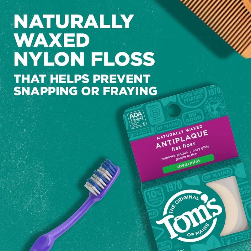 Tom's of Maine Naturally Waxed Antiplaque Flat Dental Floss, Spearmint,