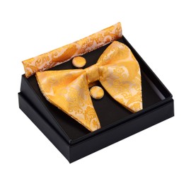 GUSLESON Paisley Gold Yellow Bow Tie and Pocket Square Cufflink Set Adjustable Pre-tied Big Bowtie (0613-05)