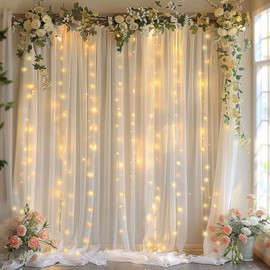 HAEFOO White Tulle Backdrop Curtains with Lights String for Parties - 10×8Ft Sheer Backdrop Curtains with Lights for Wedding, Baby Shower, Birthday Party, Photo Shoot Background Decoration