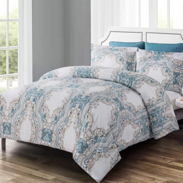 Shatex Paisley Damask Medallion Comforter Queen Size 3 Pieces Bedding Set for All Season 100% Microfiber Polyester，Blue Textured Comforter with 2 Pillow Shams