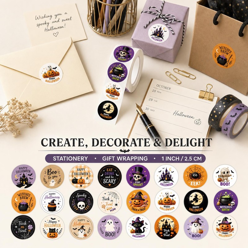 Halloween Stickers Roll 1000pcs, 2.5cm Round, 12 Spooky Patterns