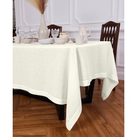 Solino Home Linen Ivory Tablecloth 70 x 90 Inch - Sonoma Hemstitch, 100% Pure Linen Rectangular Tablecloth - Machine Washable Table Cloth for Spring, Easter
