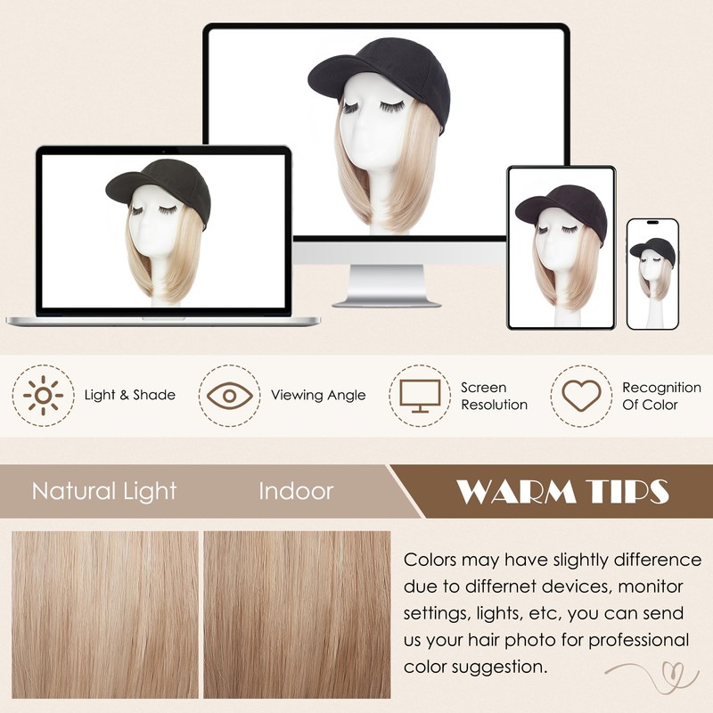 Hat Wig for Women, Baseball Cap Wig with BOB Hair