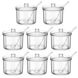 JJUNW 8 Pieces Clear Acrylic Sugar Bowl, 7.1 oz Seasoning Box, Condiment Pots with Spoon and Lid, Sugar Spice Salt Canister for Home Kitchen, Coffee Bar, Restaurant