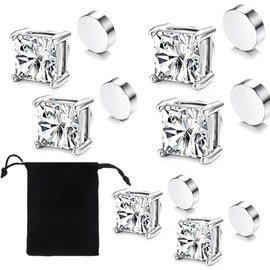 XOUDKE Earrings Mens Magnetic Earrings Mens 3 Pairs Magnetic Stud Earrings Stainless Steel For Men Square CZ Inlaid Non Pierced CZ Clip Stud Earrings Silver 5-7mm, Stainless Steel