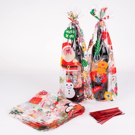 Kolewo4ever 50 Pieces Christmas Wine Bottle Bags Elk Snowman Santa Claus Wine Wrapping Bags with 200 Pieces Twist Ties for Christmas Gift, Presents, Wine Bottles (8" x 16" + 5")