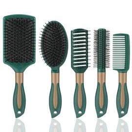 Lvefyti 5 Piece Hair Brush Set, Massage Hair Brushes, Bristle Comb, 5 Types Anti-Static Hair Brush, Styling Brush for Women, Men, Children, All Wet or Dry Hair, Green