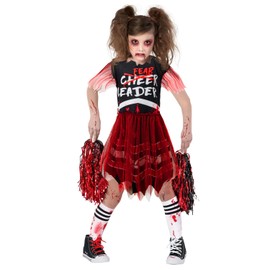 MOMMY'S NEW MAN Girl Scary Bloody Cheerleader Costume Black Red Zombie Cheerleader Costume Cosplay Fearsome Skirt (9-10 Years)
