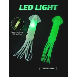 BLUEWING 9in Soft Squid Lures Saltwater LED Glow with 9/0 Stainless Steel Hook and 300LB Mono Line Trolling Deep Drop Light Fish Octopus Skirts, 1pc, Green-Green Light