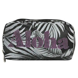LeSportsac Aloha Twilight Hawaii - Bolsa de cosméticos rectangular estilo 6511/color K834, exclusiva HAWAII, "Aloha" impresa en letras de gran tamaño morado/rosa, parte frontal de palma tropical negra, blanca y gris, Aloha Twilight (HAWAII Exclusivo), Un