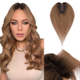 Hairro Human Hair Toppers Real Hair, Clips in 100% Human Hair Hairpieces for Women, 3.15"x3.94" Silk Base for Thinning Hair/Hair Loss/Covering Greyish Hair on Top, 10 Inch Medium Brown with Dark Root