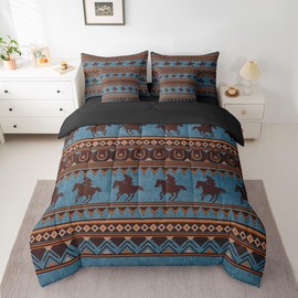 Feelyou Western Decor Comforter Set with Sheets King Size Southwestern Native Aztec Bed in a Bag Horse 7 Pieces Bedding Set Retro Exotic Boho Bed Set Room Decor Blue