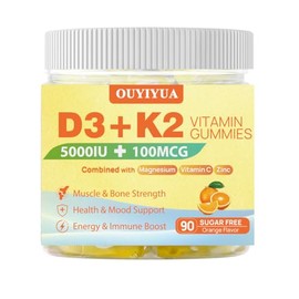 OUYIYUA Vitamin D3 K2 Gummies, Sugar-Free Vitamin D3 5000IU with K2 (MK-7) 100mcg, K2 D3 Vitamin Supplement with Magnesium, Vitamin C, Zinc Support Muscle, Bones & Immune