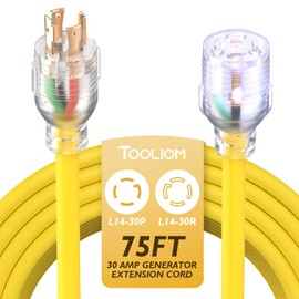 TOOLIOM 30 Amp Generator Cord, L14-30P/L14-30R Generator Extension Cord, UL Listed Heavy Duty Generator Power Cord 125/250V 7500W 10 AWG SJTW RV Extension Cord with Lighted Power Indicator (75FT)