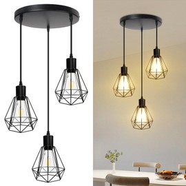 LTBLIGHT 3-Light Adjustable Industrial Pendant Lighting Matte Black Metal Round Chassis Cage Farmhouse Pendant Light Fixtures with E26 Base for Kitchen Island, Dining Room & Hallway