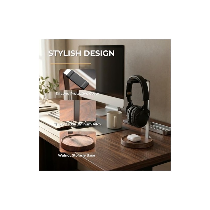 Universal Walnut Wood Headphone Stand with Storage Base