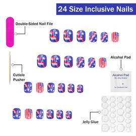 4th of July Press on Nails Short Square SWEKKE Patriotic Fake Nails False Nails with American Flag Glitter Designs White Blue Red Glossy Glue on Nails Acrylic Nails for Women Girls 24Pcs