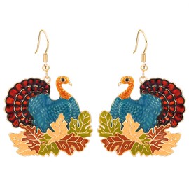 Christmas Thanksgiving Turkey Maple Leaf Drop Dangle Earrings for Women, Xmas Holiday Jewelry Turkey Earrings