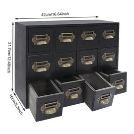 Vintage Desktop Drawer Organizer, 12-Drawer Cabinet Wooden Storage Box, Tabletop Card Catalog Cabinet with Metal Handles for Office, Home, Library, Tea, and Stationery (Black)