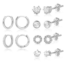 ASH'S CHOICE Sterling Silver Hoop Earrings Studs, 6 Pairs 925 Silver Hoop and Stud Earrings Set For Women, Diamond Huggie Flower Round Ball Studs Earrings with Butterfly Backs