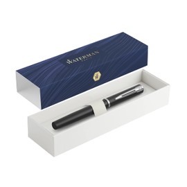 Waterman Allure Premium Metal Fountain Pen | Matte Black with Chrome Trim | Fine Nib | Blue Ink | Gift Boxed