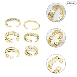 Pack of 6 Toe Ring, Adjustable Toe Rings, Open Toe Ring, Adjustable, Stackable Open Rings, Open Rings Set, Adjustable Finger Rings, Bohemian Vintage, for Women, Girls (Golden), Copper