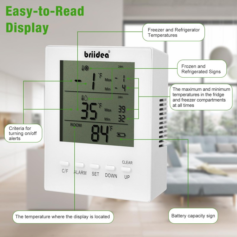 Freezer Temperature Alarm, Briidea Wireless Fridge and Freezer Thermometer with
