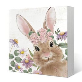 Yetmadi Spring Bunny Decor Wooden Box Sign, Spring Pink Floral Rabbit Wooden Sign Decor, Spring Tiered Tray Decor, Spring Decoration for Home Indoor Farmhouse Desk Shelf Table, 5x5 Inch