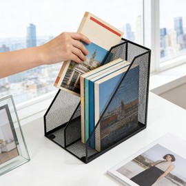 Carperipher Metal Mesh Magazine File Holder, 2 Pcs Desk Document Organizer, 2 Compartments Desk Organizers, Mesh Desktop Organizer and Storage, Black