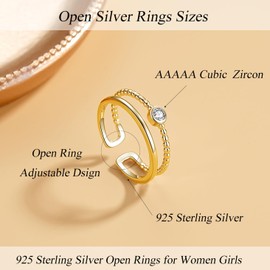 Loutade Silver Women's Rings, 925 Sterling Silver Open Adjustable Rings, Double Ring Open Silver Rings, Silver Rings Women's 925 in X-Shape, Simple Finger Rings for Women for Birthday Christmas, stone