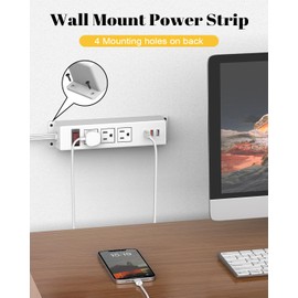 Kungfuking Wall Mount Power Strip with USB, 6 in 1 Mountable Power Strip Surge Protector with 3 AC Outlet and 3 USB Ports, Under Desk Power Strip Mountable Desk Outlet, 6FT Extension Cord, UL Listed