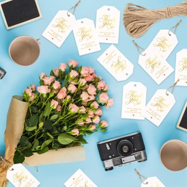 100 Pcs Thank You Tags, Thank You for Celebrating with us Tags with String, White Foil Gold Favor Hanging Tags for Wedding, Birthday, Party Favors (100 Pcs)