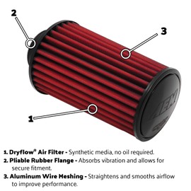 AEM 21-2029BF Universal DryFlow Clamp-On Air Filter: Round Tapered; 2.75 in (70 mm) Flange ID; 9.125 in (232 mm) Height; 6 in (152 mm) Base; 5.125 in (130 mm) Top
